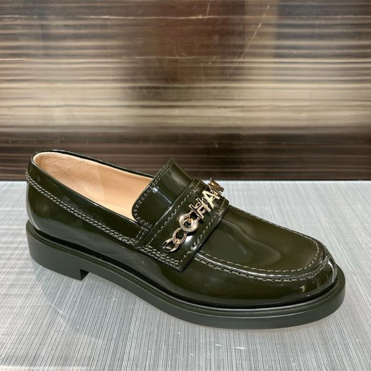 CHANEL khaki patent loafers SS2022