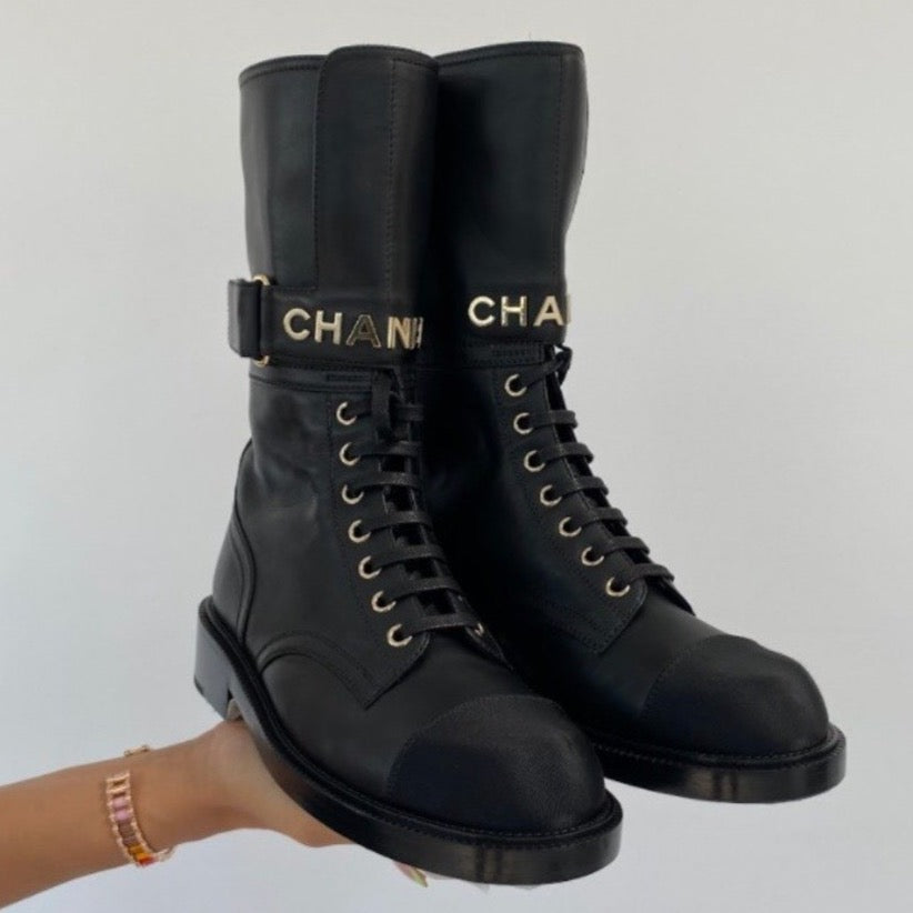 Chanel Black Suede Quilted Double Zip CC Combat Boots Size 37.5