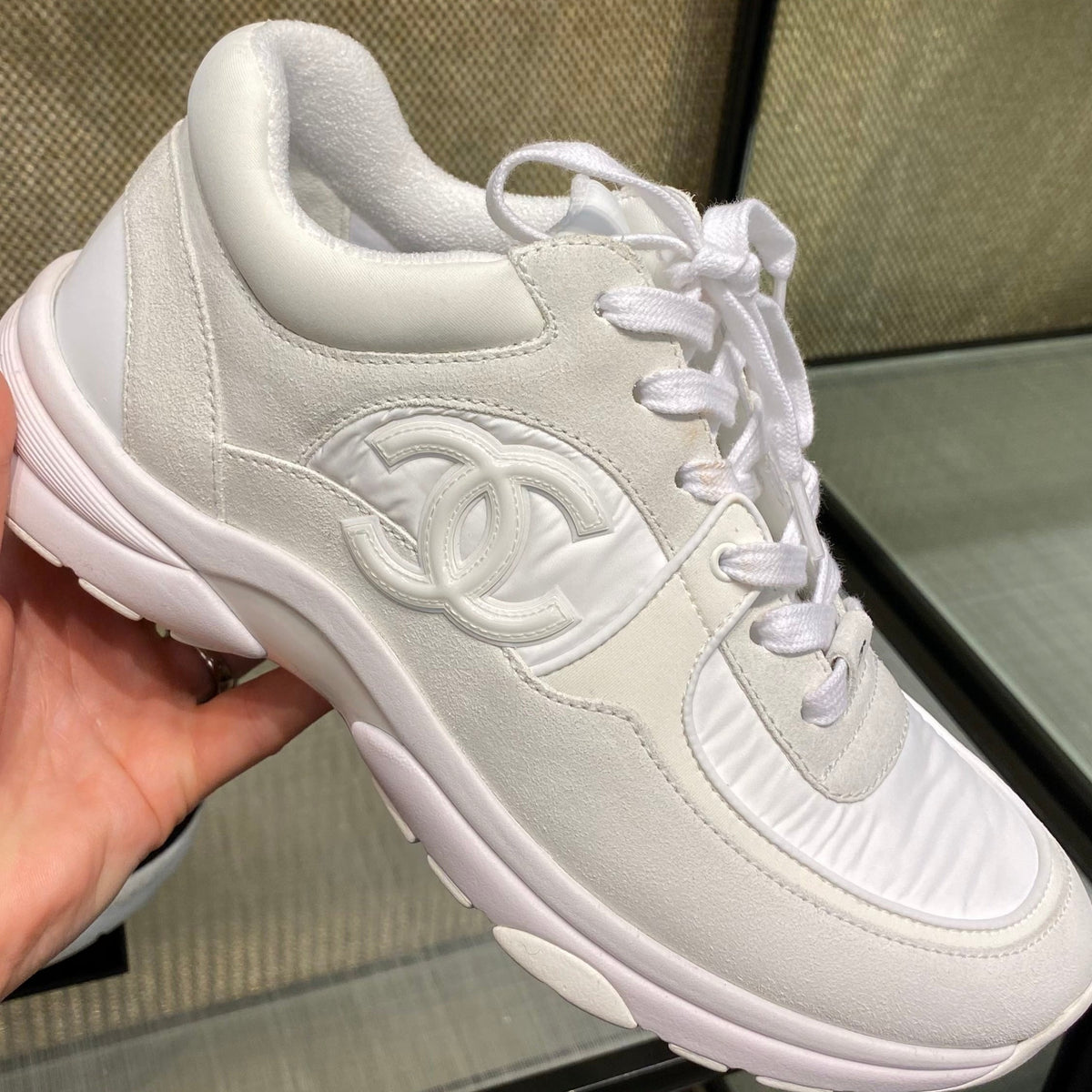 Chanel classic white anthracite leather sneakers